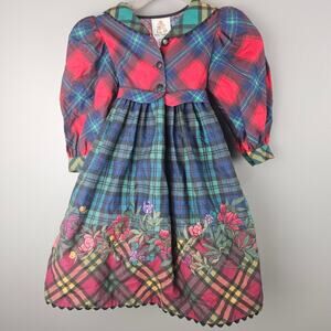 Vintage Daisy Kingdom Factory Dress Plaid Floral Crinoline Green And Red Size 4